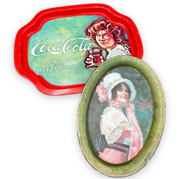 Set of 2 Vintage - Antique Coke Tin Tip Trays - Coca Cola - Gibson Girl coke